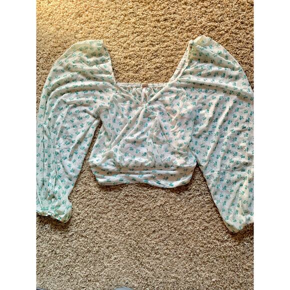 Free People White Floral Lace Cropped Top XS Balloon Sleeve Boho - Picture 2 of 9